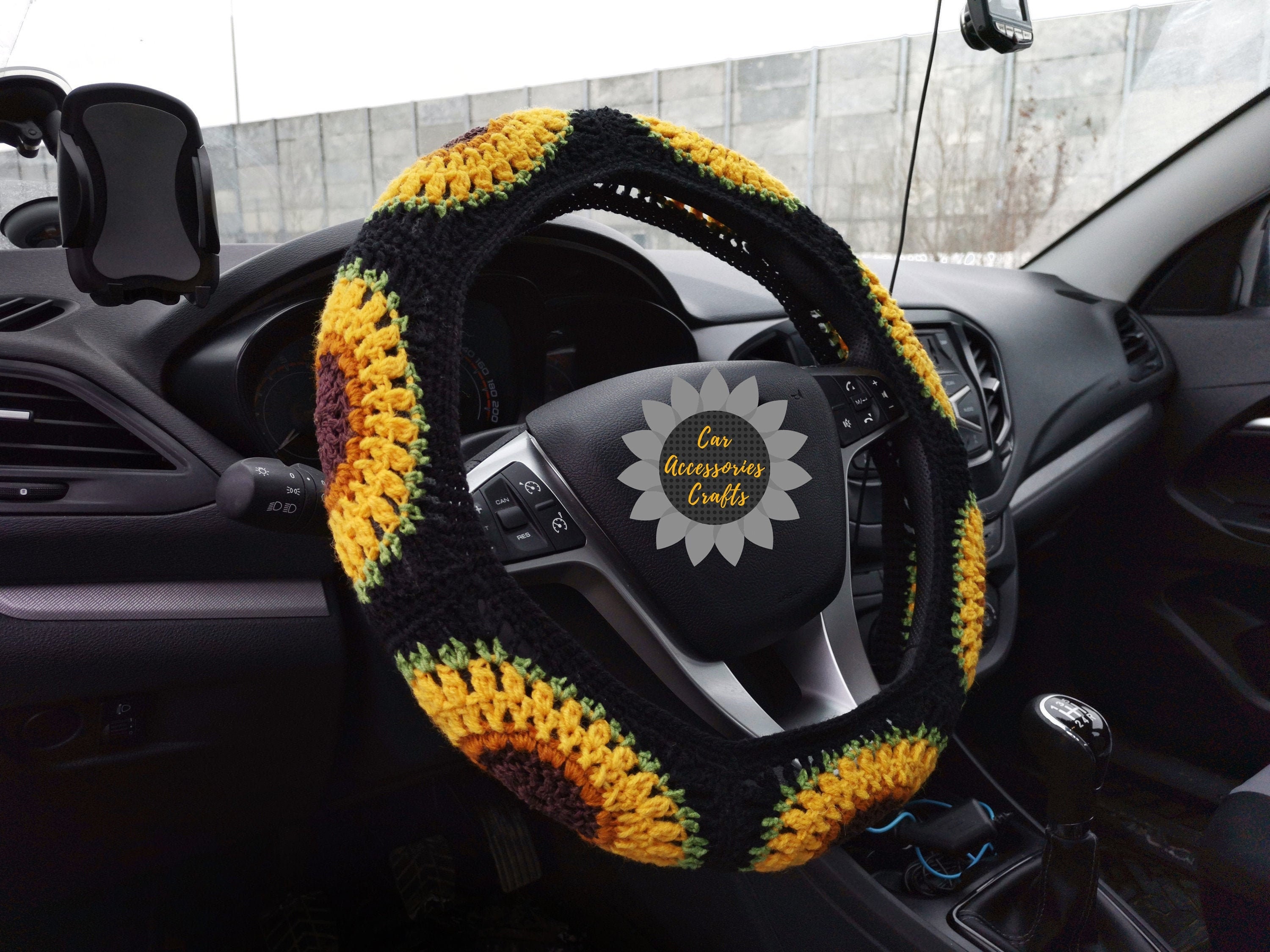 Sunflower Steering Wheel Cover Crochet Flower Steering Wheel Etsy