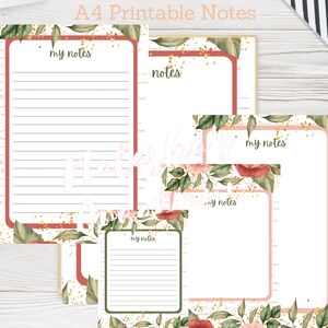 Op de afbeelding: Printbaar notitiepapier met een bloemenontwerp met roze rozen en groene bladeren. Het papier heeft een witte achtergrond met gouden glitteraccenten. De tekst "my notes" staat op elk vel papier.