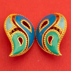 Vintage Blue/Teal/Green/Gold Teardrop Statement Clip On Earrings - F4