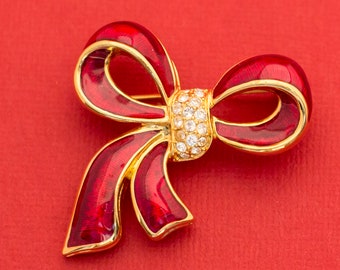 Vintage Fiery Red and Classic Gold Bow By Monet F9
