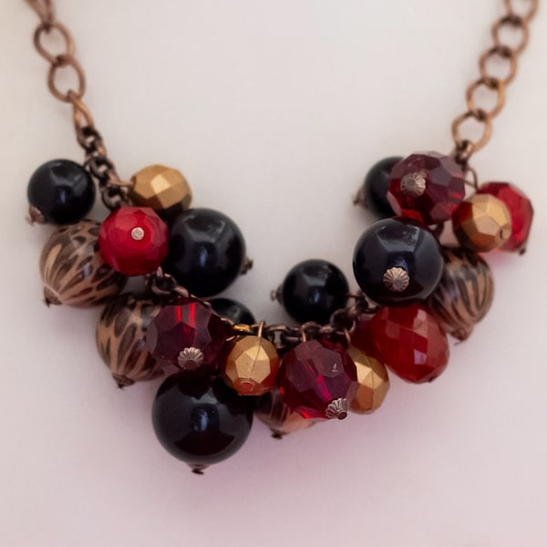 18 inch, Vintage Fruit Multi Beads Copper Tone Bib Necklace - F51