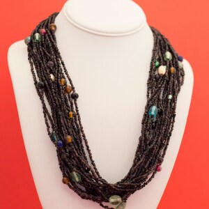 Vintage Black Beaded Many Strands Long Boho 23 Inch - F6