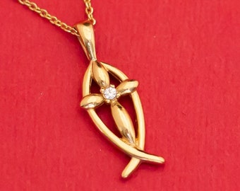 Vintage Golden Vesica Pisces Cross 18'' Necklace by Avon - F24