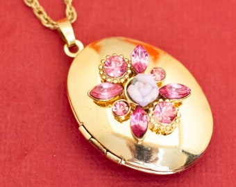 24 Zoll, Vintage Oval Rosa Strass Floral Medaillon Halskette - F37