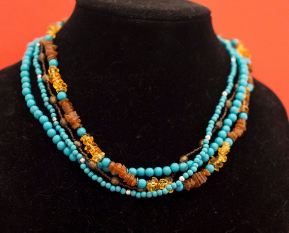 Multi-strand Teal Beaded Bohemian Necklace 18 Inc… - image 1