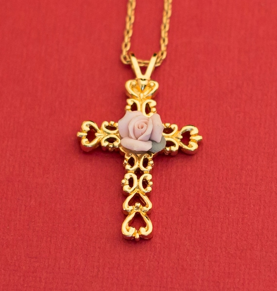 Vintage Cross Gold Tone with Delicate Rose 18 Inc… - image 1