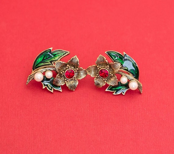 Vintage Stem Flower Ruby Red Center Stud Earrings… - image 1