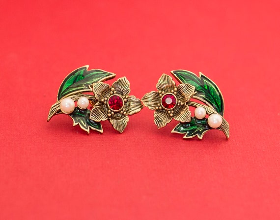 Vintage Stem Flower Ruby Red Center Stud Earrings… - image 2