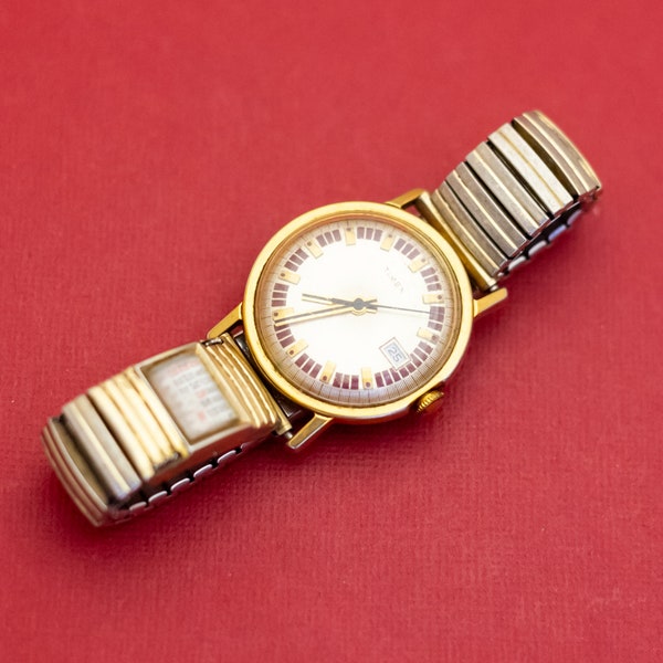 7 inch, Vintage Circular Analog Center Two Tone Watch by Timex - F52