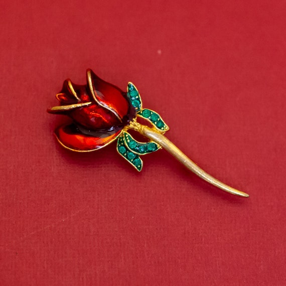 Vintage Red Rose Green Leaves Gold Tone Intricate 