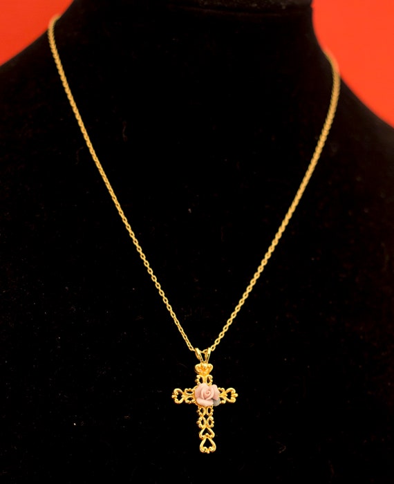 Vintage Cross Gold Tone with Delicate Rose 18 Inc… - image 2