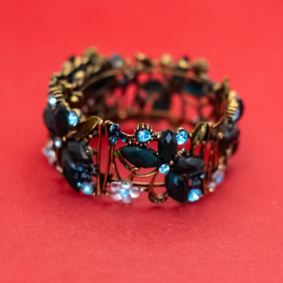 7 Inch, Vintage Colorful Rhinestone Beads Gold Tone Floral