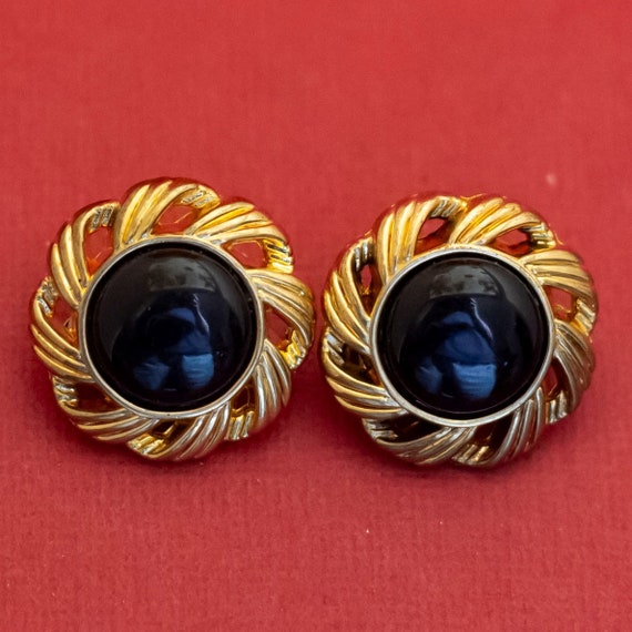 Vintage Art Deco Schwarz Faux Gem Gold Ton Spirale Clip On