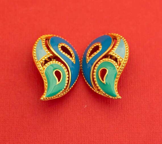 Vintage Blue/teal/green/gold Teardrop Statement Clip on Earrings