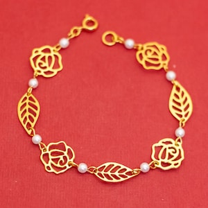 7 inch, Vintage Rose Flower Leaves Links Gold Tone Bracelet - F33