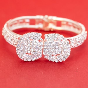 9 inch, Vintage Silver Tone Art Deco Rhinestones Hinged Bangle - F46