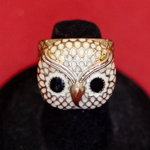 Vintage Wise Owl Statement Metal Ring With Diamante and Black 