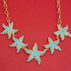 18 inch, Vintage Blue Green Starfish Gold Tone Beaded Necklace - F38