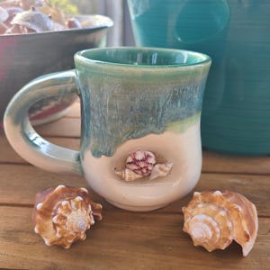 Può includere: Una tazza in ceramica verde e bianca con un design a conchiglia. La tazza ha un manico e una piccola conchiglia incassata nel lato. Tre conchiglie sono su una superficie di legno davanti alla tazza.