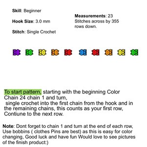May include: A crochet pattern for a scarf featuring a repeating frog design. The pattern includes instructions for a beginner skill level, with a hook size of 3.0 mm. The scarf measures 23 stitches across and 355 rows down. The text reads "Lots of Frogs Scarf Pattern".