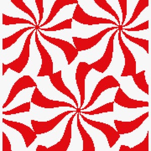 May include: A repeating pattern of red and white pinwheel designs. Each pinwheel has a central point with curved red and white stripes radiating outwards. The background is white, creating a high-contrast, eye-catching design.