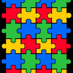 Puede incluir: Un diseño de rompecabezas colorido con una cuadrícula de piezas entrelazadas. Las piezas del rompecabezas son de colores vibrantes: azul, verde, rojo y amarillo, sobre un fondo negro. La imagen es una representación gráfica de un rompecabezas.
