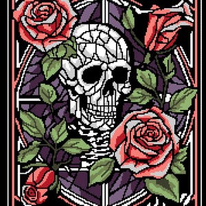 Può includere: Un design pixelato con un teschio bianco circondato da rose rosse e foglie verdi. L'opera è ambientata su uno sfondo viola scuro con un bordo nero e rosa, creando un'estetica gotica.