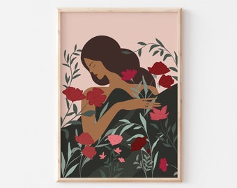 Red and Pink flower and lady Boho Art Print, Bohemian Wall Decor, Abstract poster, Gallery Wall, A5 A4 A3 A2, Housewarming Gift