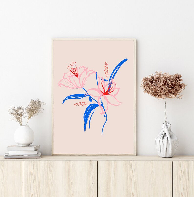 Flowers Art Print, Pink Blue Poster, Living Room, Kitchen, A5 A4 A3 A2 Dining Room, Botanical, Gallery Wall, Gift, Housewarming image 2