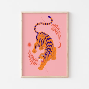 Pink Tiger Boho Art Print, Bohemian Poster Art,  Gallery Wall, Fun Decor, A5 A4 A3 A2, Lounge, Hallway, Gift Housewarming