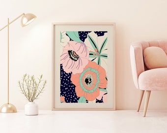 Pastel Abstract Floral Abstract art Print, Botanical Poster, Pretty Bright Wall Decor, A5 A4 A3 A2, Gallery Wall, Minimal, Modern Wall Art