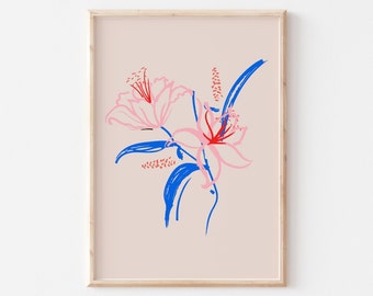 Flowers Art Print, Pink Blue Poster, Living Room, Kitchen, A5 A4 A3 A2 Dining Room, Botanical, Gallery Wall, Gift, Housewarming