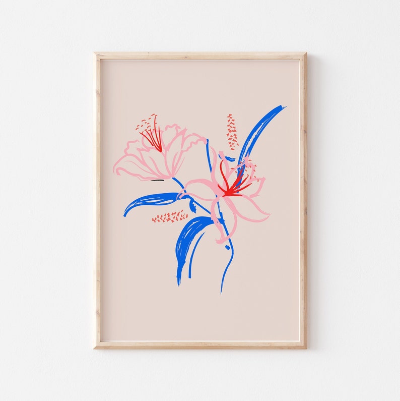 Flowers Art Print, Pink Blue Poster, Living Room, Kitchen, A5 A4 A3 A2 Dining Room, Botanical, Gallery Wall, Gift, Housewarming image 1