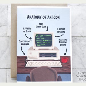 May include: A humorous illustration of a vintage computer with a green screen and the text "Anatomy of an Icon" above it. The illustration includes labels for different parts of the computer, such as "Neon Green Glow", "4.77 MHz of Sloth", "Clicky-Clacky Keyboard", "8-Bits of Awesome", and "Caffeine Delivery Device".