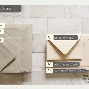 May include: A close-up of three different sizes of envelopes, labeled A1, A6, and A7. The envelopes are beige and have a textured surface. The text "A1 - Mini Notes", "A6 - Greeting Cards", and "A7 - Large Greeting Cards" is printed on the envelopes. The text "Evelyn Whatley & Co." is printed in the bottom right corner of the image.