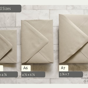 May include: Three different sizes of envelopes, labeled A1, A6, and A7. The envelopes are beige and have the text "Evelyn Whatley & Co." embossed on them. The measurements for each envelope are listed below: A1: 3 1/2 x 4 7/8 inches, A6: 4 1/2 x 6 1/4 inches, A7: 5 1/8 x 7 inches.