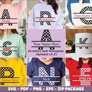 Op de afbeelding: Een set van 26 gesplitste monogram-alfabetische letters in een geruit patroon. De letters worden getoond op verschillende items zoals t-shirts, draagtassen, mokken en een rompertje. De tekst "Your Name Here" wordt getoond op verschillende items. De tekst "26 letters Split Monogram Alphabet (A-Z)" wordt getoond onder de geruite letter "A".