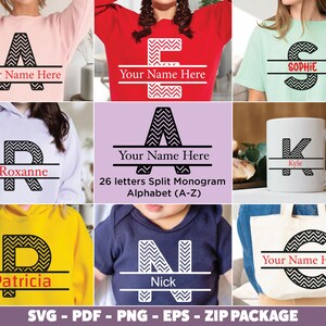 Op de afbeelding: Een verzameling gepersonaliseerde items met split monogram ontwerpen. Items zijn onder meer een roze sweatshirt met de letter "A", een rode trui met de letter "E" en een groen t-shirt met de letter "C". Andere items zijn een mok, een draagtas en babykleding.