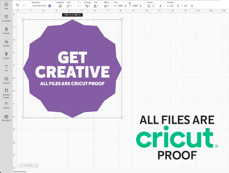 以下が含まれることがあります： 白地に「GET CREATIVE」と「ALL FILES ARE CRICUT PROOF」の文字が書かれた紫色の円。円のすぐ下に緑色の文字で「ALL FILES ARE cricut PROOF」と書かれている。