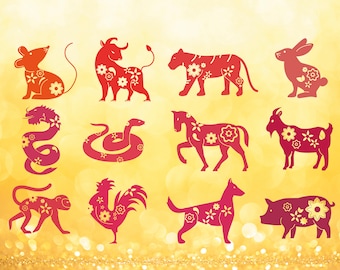 Modern Chinese Zodiac Animals Collection Svg, lunar new year svg, Chinese New Year Animals, Zodiac sign png, Zodiac svg file