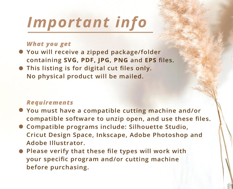 以下が含まれることがあります： デジタルカットファイルに関する重要な情報です。SVG、PDF、JPG、PNG、EPSファイルを含む圧縮フォルダを受け取ります。このリストはデジタルカットファイルのみを対象としています。物理的な製品は発送されません。これらのファイルの解凍、開梱、使用には、互換性のあるカッティングマシンと/またはソフトウェアが必要です。互換性のあるプログラムには、Silhouette Studio、Cricut Design Space、Inkscape、Adobe Photoshop、Adobe Illustratorなどがあります。購入前に、これらのファイルタイプが特定のプログラムやカッティングマシンと互換性があることを確認してください。