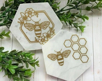 Marble coaster set with bee design, Floral bee, honey comb drink coasters