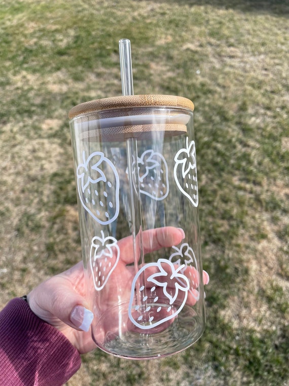 Strawberry Can Glass Cup w/Bamboo Lid & Straw