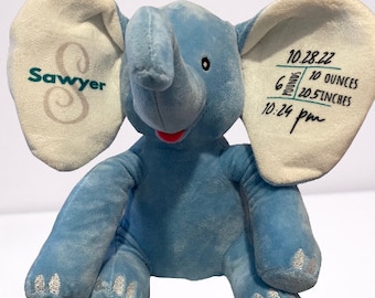 Elefante de estado de nacimiento de bebé, Anuncio de nacimiento, Regalo de ducha de bebé, Recién nacido, Cumpleaños, Recuerdo de bebé, Elefante de peluche, Personalizado