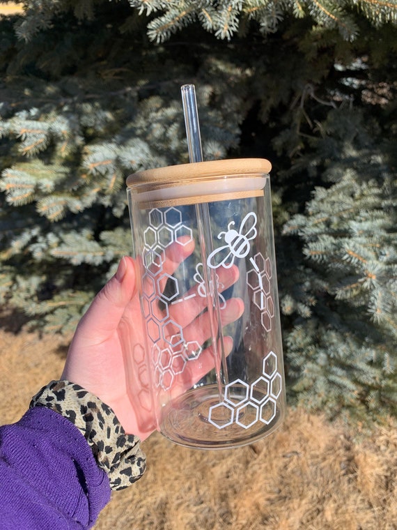 Bees Glass Can Cup With Bamboo Lid, Iced Coffee Cup 