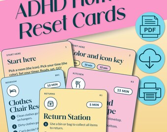 ADHD-schoonmaakkaartjes voor gezinnen, printbare huisopruiming, taakkaartjes per kamer, digitale download (pdf)