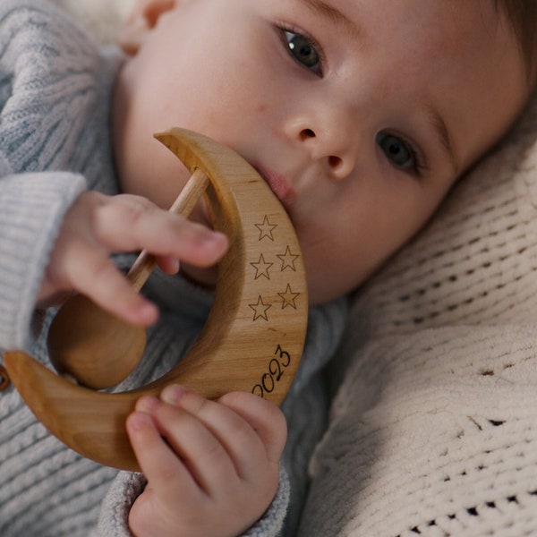 Juguetes de madera, Luna sonajero para bebés, Juguetes de madera personalizados, Sonajero personalizado, Regalo de baby shower