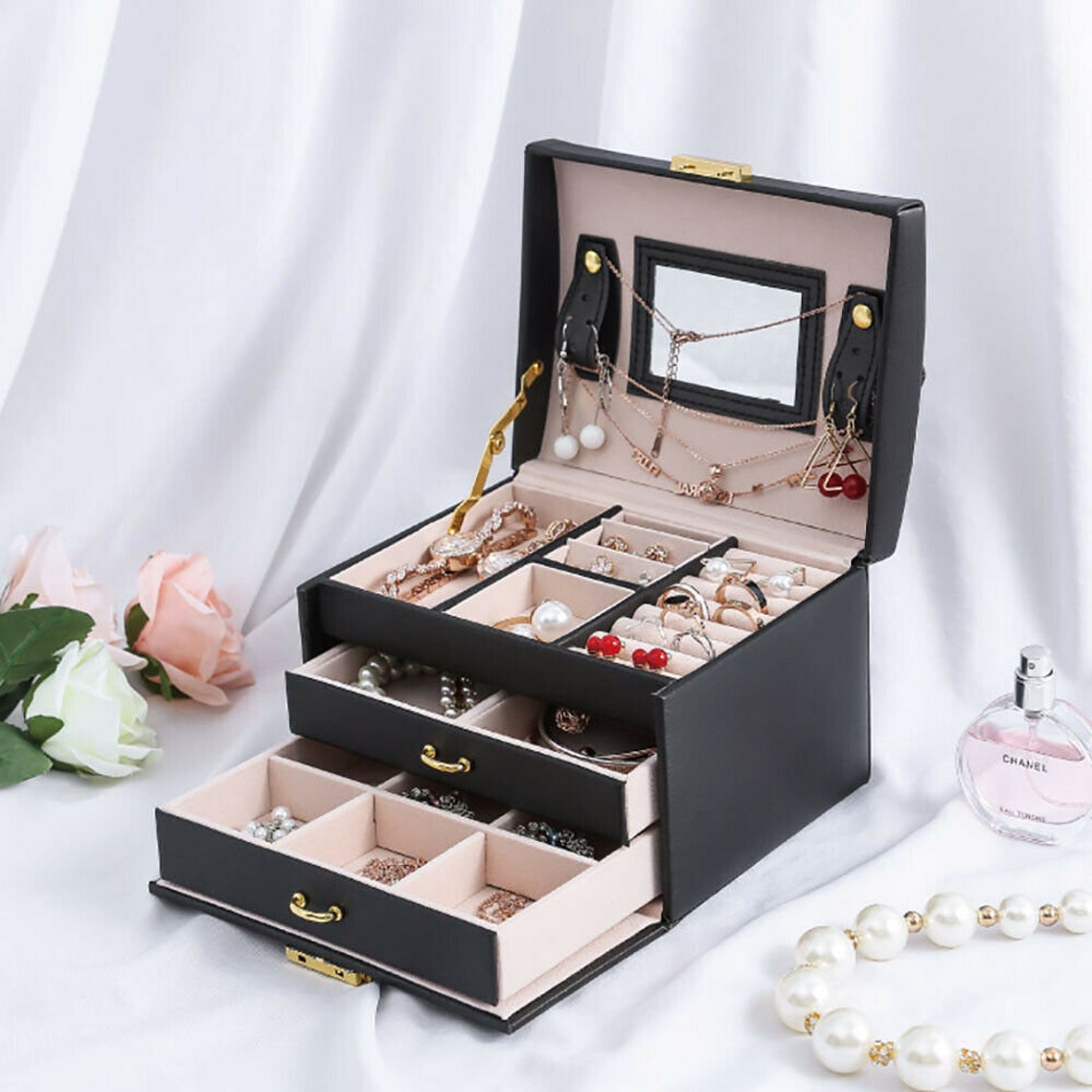 New Large Black Pink or beıge Jewellery Box Leather Finish Etsy