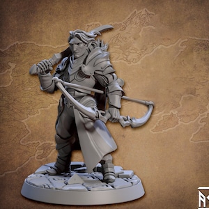May include: A gray plastic miniature figurine of an elf warrior holding a bow and arrow. The elf is wearing armor and a cloak. The figurine is standing on a round base.
