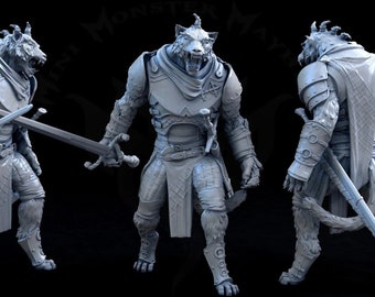 May include: A detailed, three-view image of a wolf-like humanoid warrior figurine. The figure is clad in armor and holds a sword. The figurine has a fierce expression and is posed in a dynamic stance. The words "Mini Monster Mayhem" are visible.